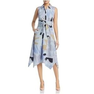 Lafayette 148 New York Sleeveless Cordelia Printed Midi Shirtdress Blue Stripe P